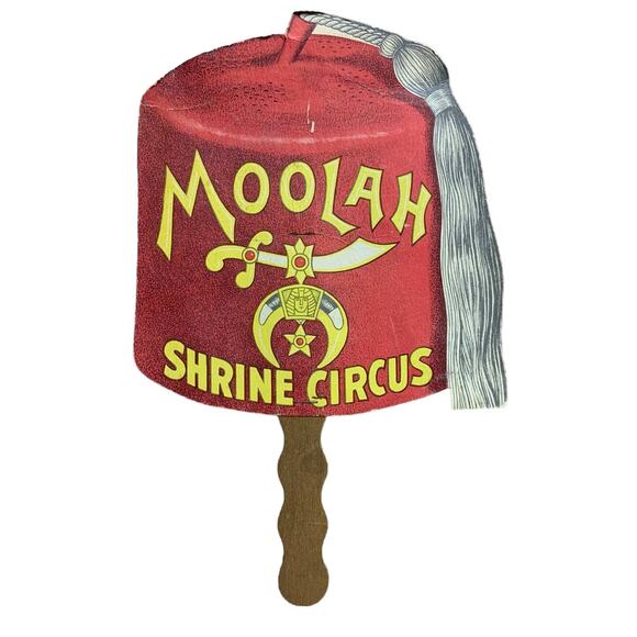 Vintage 1950s Moolah Shrine Circus When You Go Wabash Paper Fan Wooden Handle - Picture 1 of 2